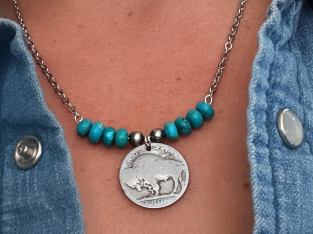 Buffalo Nickel and Turquoise Rondelle Necklace