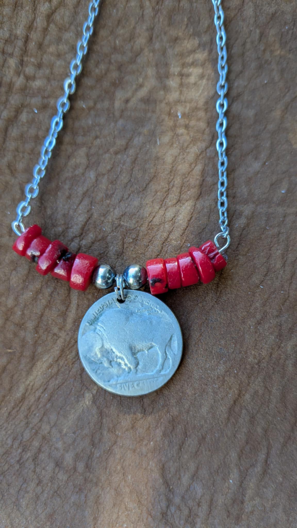 Buffalo Nickel and Coral Necklace