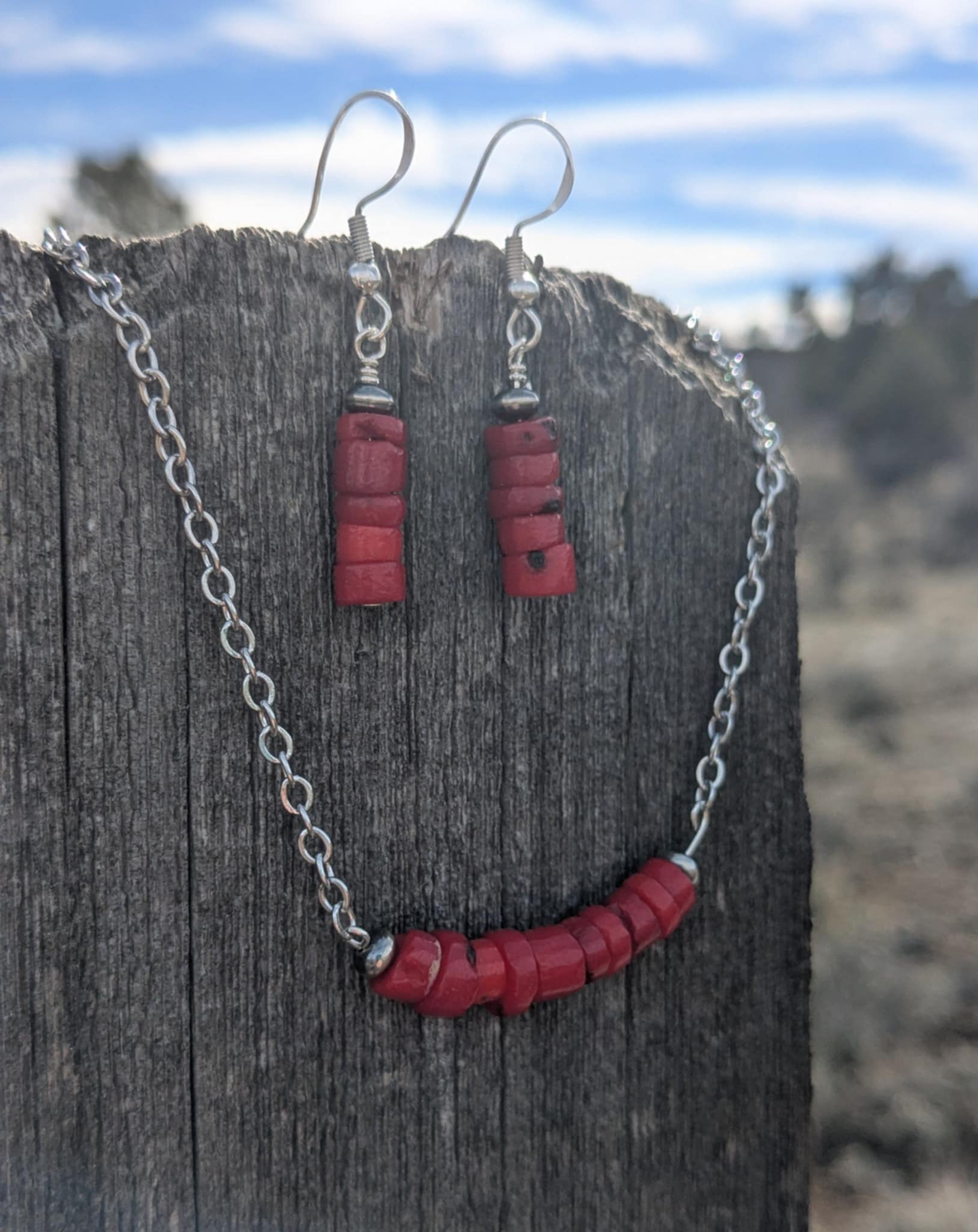 Red Coral Earrings and Necklace Set