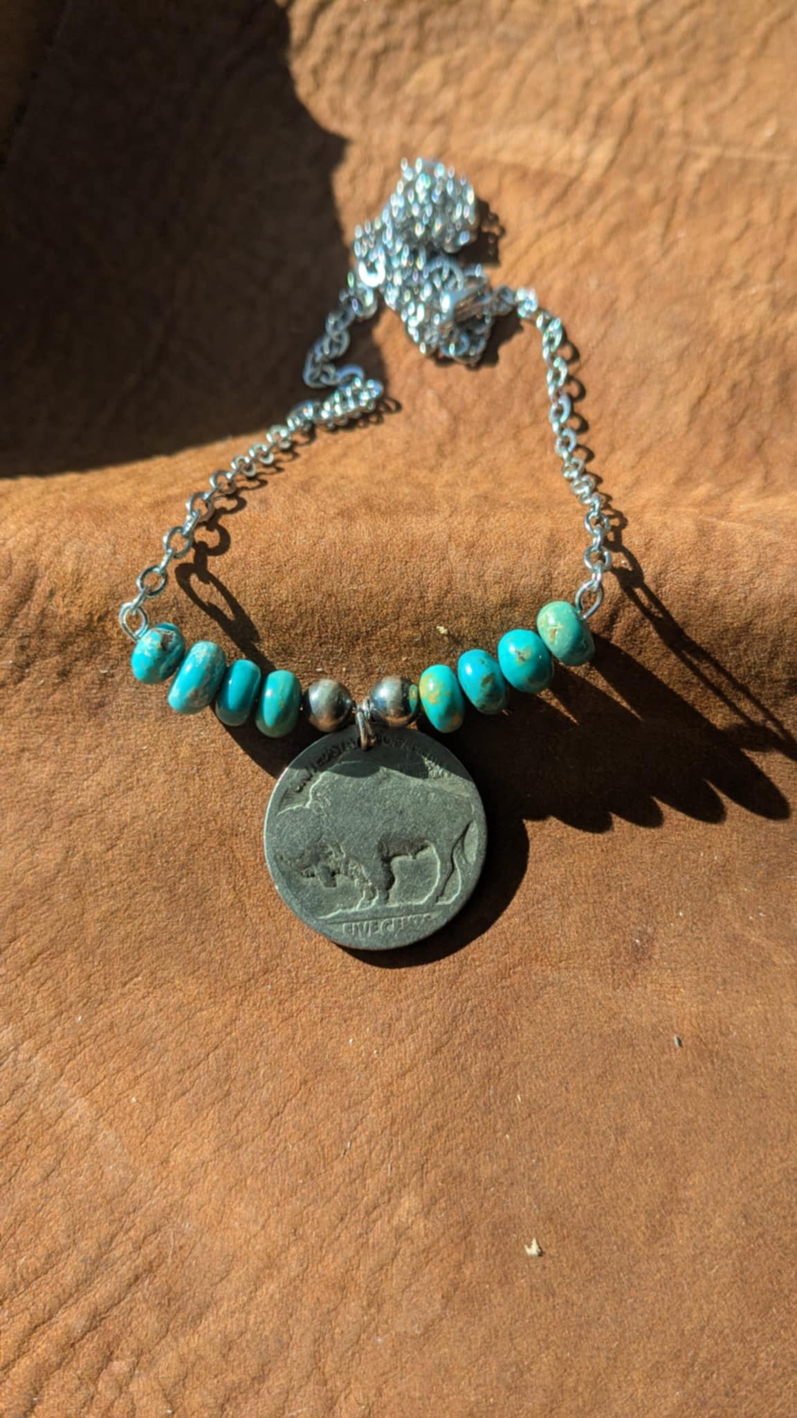 Buffalo Nickel and Turquoise Rondelle Necklace