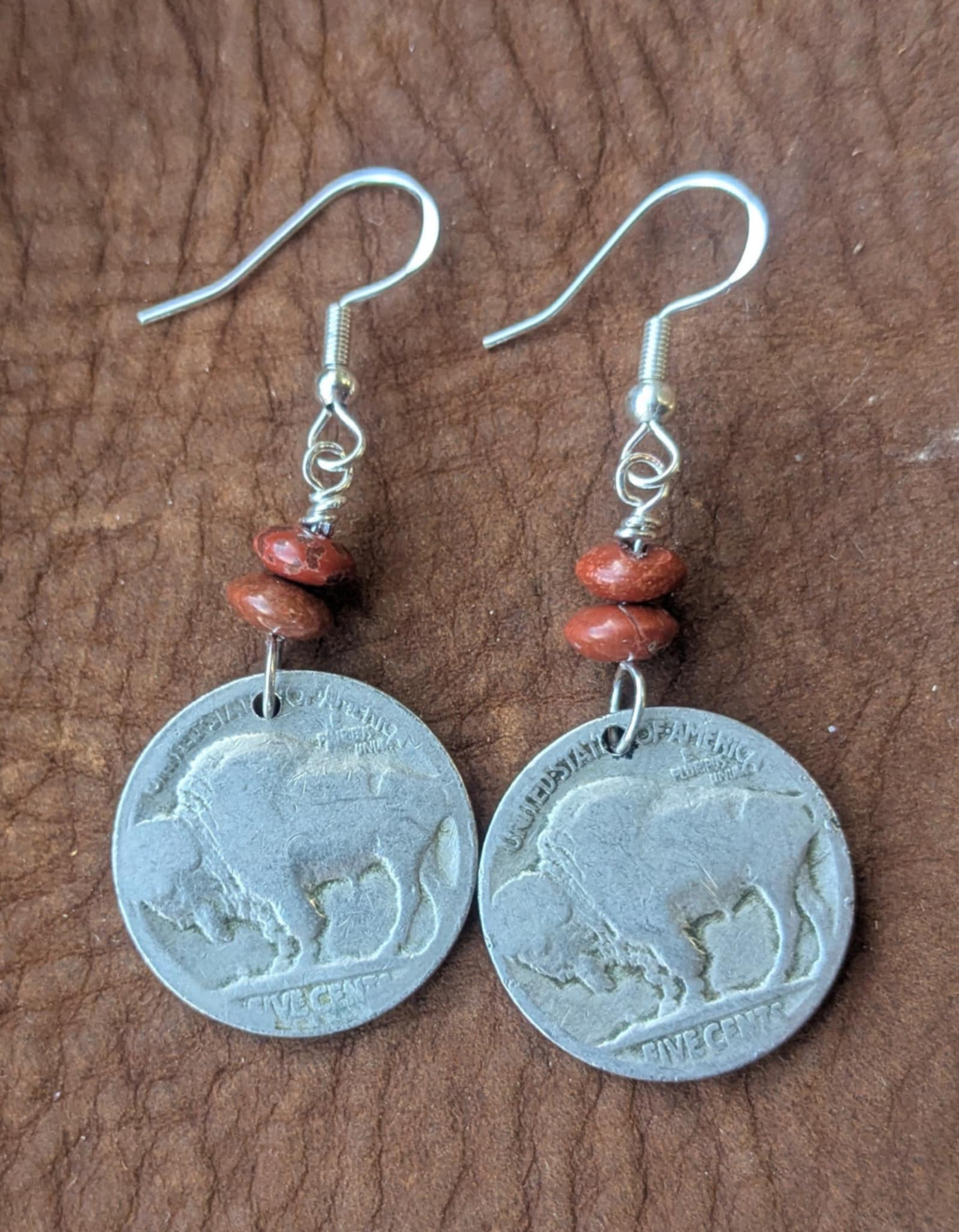 Buffalo Nickel and Red Jasper Earrings